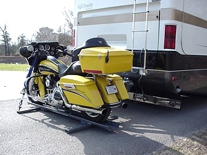 WORLDS BEST RV MOTORCYCLE LIFT FOR MOTORHOMES BY HYDRALIFT.DRIVE-ON DRIVE-OFF  